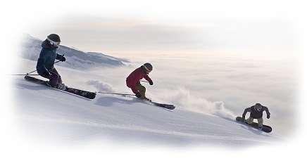 Swiss Winter Skiing in Flims Laax - Two Skiers and a Snowboarder on freshly groomed slope