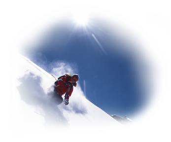 Girl Powder Skiing with blue skies - Saas Fee